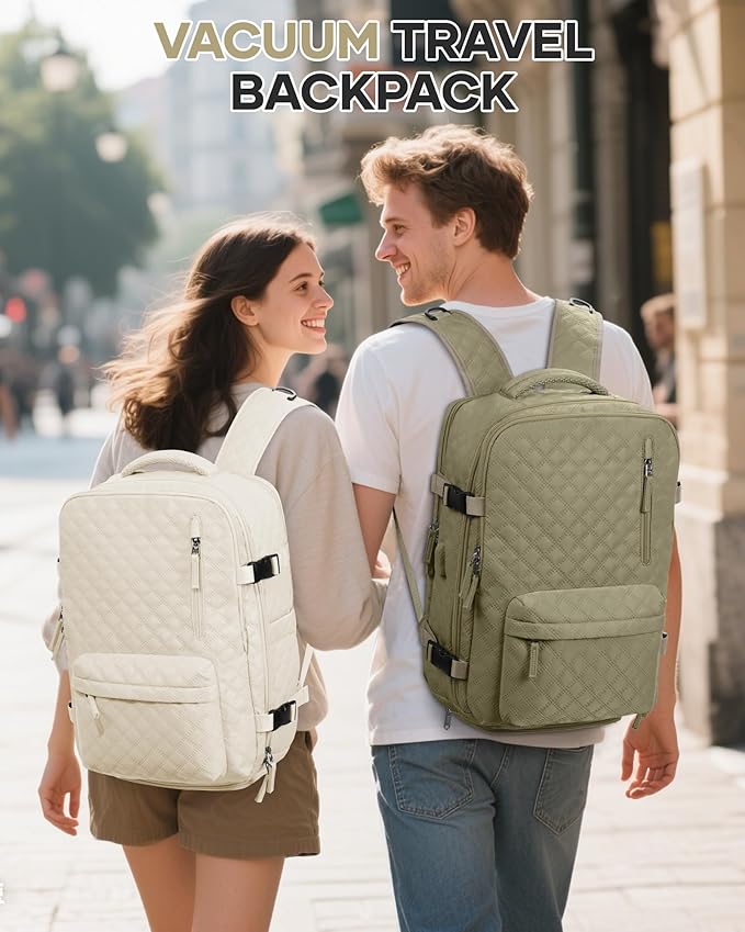 Vacuum Travel Backpack with Pump for Women,Personal Item Carry on Backpacks Flight Approved 18x14x8 inches for Men,Laptop Waterproof Work Compression bags Casual Daypack Khaki.