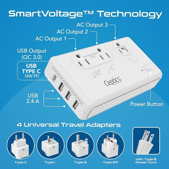 Ceptics Voltage Converter for Travel, 220V to 110V Converter w/Type C, E/F, G, I Plugs, 2000W Outlet for Hair Dryers, 4 USB w/ 1 USB-C PD 18W Fast Charge, for Curling Iron, Straightener, Chargers