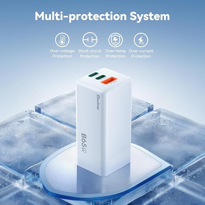 Bwine 65W USB C Charger, 3-Port GaN Fast Wall Charger, Compact Charging Blocks for iPhone 17,Galaxy S24,Note 20/10+,Drone Battery and More, White