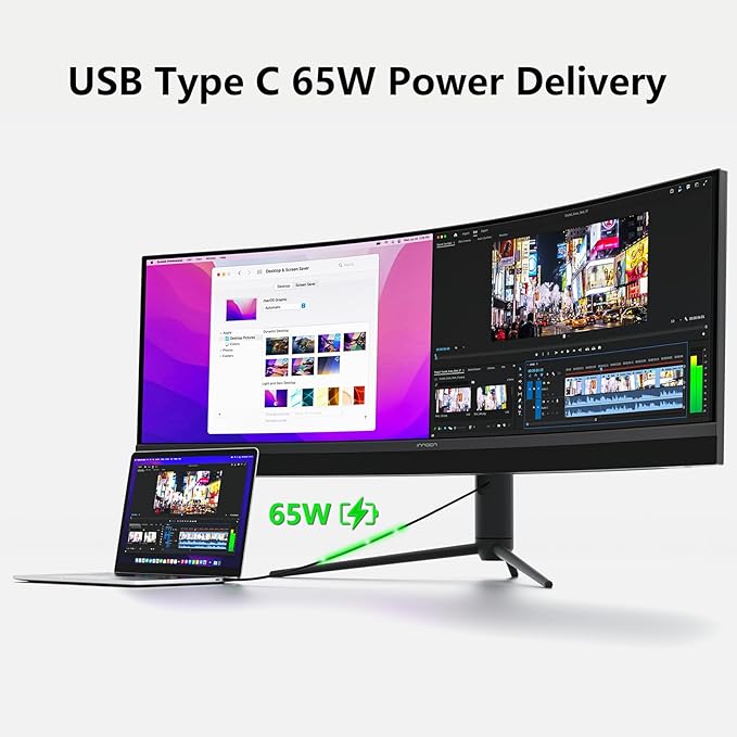 INNOCN 45C1R 45 Inch 5120 x 1440p Ultrawide Curved Gaming Monitor, R1500, HDR400, USB Type-C Power Delivery, PIP/PBP, Built-in Speaker, Height Adjustable, Black