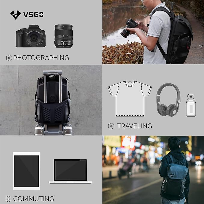 VSGO 20L Professional Camera Backpack for DSLR/SLR, Compatible with Sony Canon Nikon Cameras, DJI RSC2 Gimbals, Tripod, 15.6" Laptop, Lenses & Accessories – Waterproof TPU Canvas, Travel & Outdoor Use