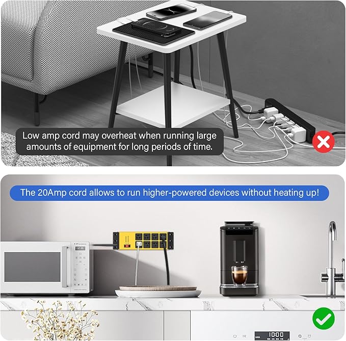 CCCEI Yellow Heavy Duty Power Strip Surge Protector 20 AMP, 8 Outlets 12 Gauge Industrial Shop Garage Metal Multiple Outlets, 10FT Extension Cord 5-15P Adapter High Amp 6-20R T-Slot 20a for Appliance