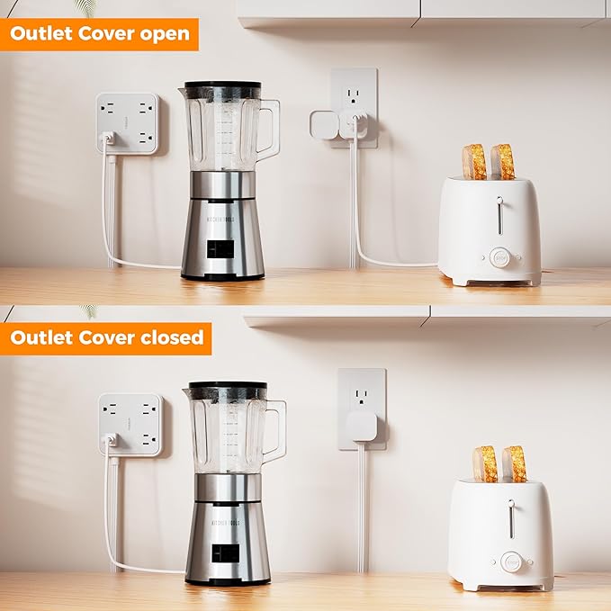 TESSAN Outlet Cover with Extra Outlet on Plug, Surge Protector Power Strip with 3 USB (2 USB C), 5 Ft Flat Extension Cord, 900 Joules Protection, Flat Plug Power Strip for Home Office Essentials