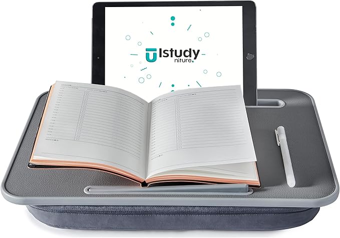ISTUDYNITURE Portable Lap Desk with Cushion, Fits up to 15.6 inch Laptop, Laptop Stand with Device Ledge and Phone Holder, for Home Office (Grey, Small)
