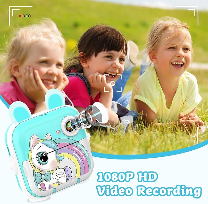 Kids Camera Instant Print Girls Boys, 2,4" HD 1080P, 32GB Card, with Photo Paper and Colored Pens, Instant Camera Holiday Birthday Gifts, Printable Toddler Portable Travel Print Toy (Blue)