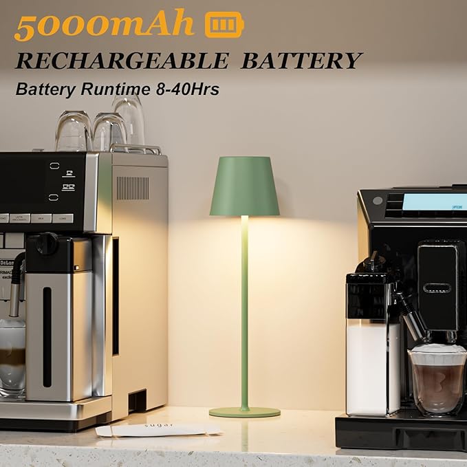 Kakanuo Cordless Table Lamp Rechargeable Green - KK 2 Pack 5000mAH Battery Operated Lamp for Dining Table, 3 Color Stepless Dimming Wireless Lamp for Counter, Outdoor Patio, Touch Control