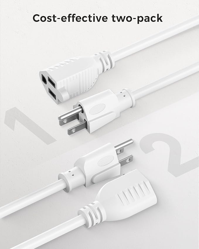 [UL Listed] Cable Matters 2-Pack 16 AWG Heavy Duty 13A Power Extension Cord - 10ft, 3 Prong Power Cord Extension, NEMA 5-15P to NEMA 5-15R, White