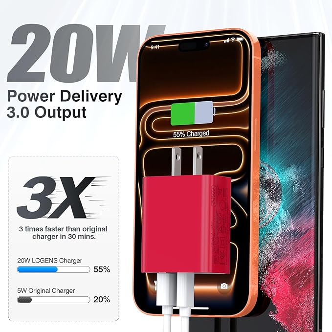 2Pieces USB C Wall Charging Block, 20W 2Port Fast USBC PD3.0 Power Adapter Type C Charger Brick Cube Plug for iPhone 13 14 15 16 17 Pro Max Mini 11 XS X 8, iPad, Samsung, Google, Tablet, Android, Red