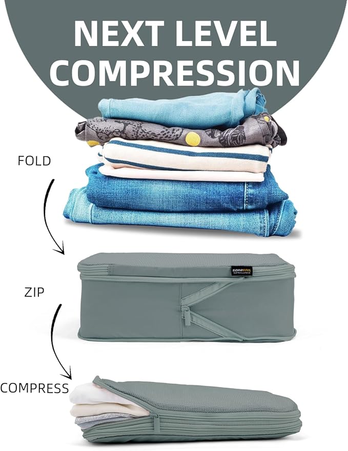 6 Set Compression Packing Cubes, Suitcase Storage Bags for Clothes and Travel Essentials (Steel Blue)
