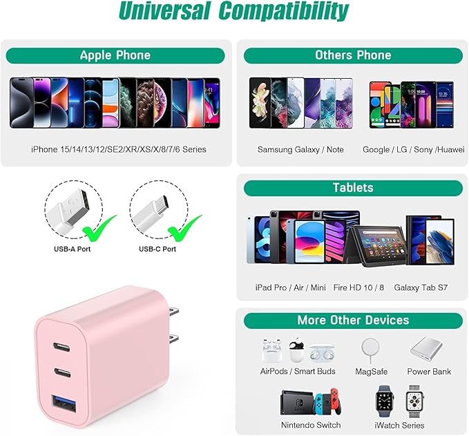 35W USB C Charger Block [3-Pack] Apple iPhone 17 Wall Plug Fast Charging Block, 3-Port PD+QC Power Adapter Multiport Brick Type C Charger for iPhone 17/Air/16/16 Pro/15/15 Pro/Pro Max/Plus/14/13/12