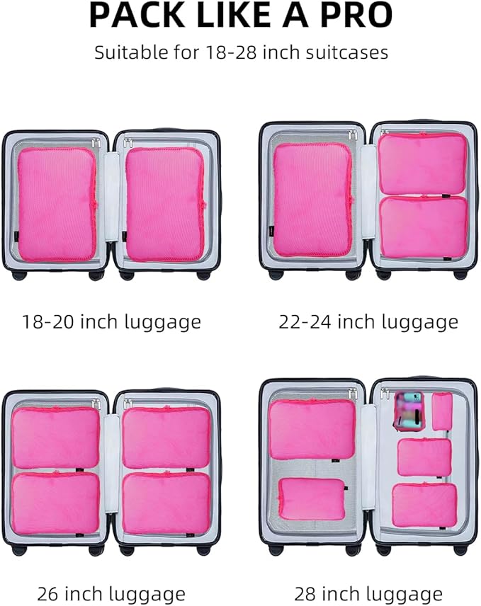 6 Set Compression Packing Cubes for Travel, Large Medium Small Luggage Organizers (Rose Red)