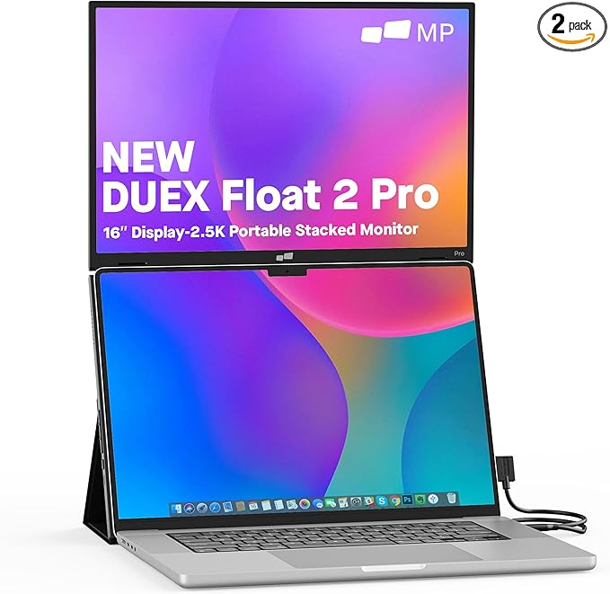 New Mobile Pixels Duex Float 2.0 Pro 2.5 K Portable Monitor, 16" Laptop Screen Extender (Built-in Kickstand), USB C/HDMI Stacked Monitor Extender with Dual Speakers, Windows, MacOS, Switch, Android