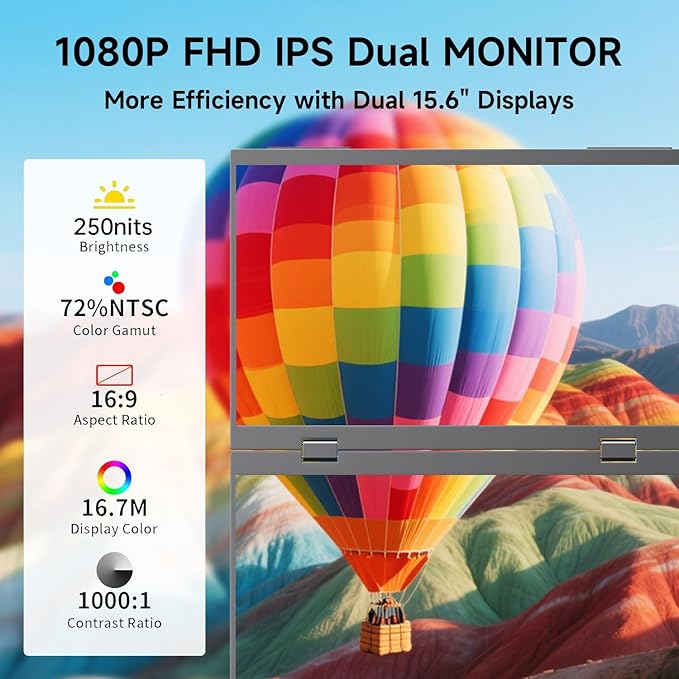 Portable Monitor 15.6" Foldable Dual Screen | Plug & Play for PC/Android/Switch/Xbox/PS5 | FHD 1080P HDR Foldable Travel Display with HDMI/USB-C | Ideal for Gaming, Office & Outdoor