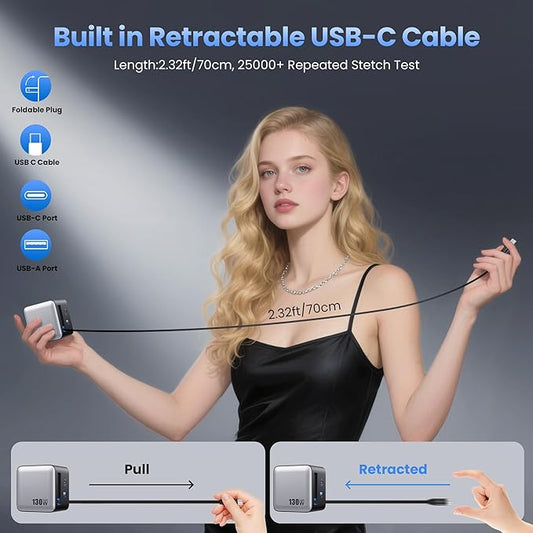 130W USB C Charger Built-in Retractable Cable,Upgraded GaN IV 3 in 1 Fast Charging Station Foldable Plug Wall Charger,PD PPS 65W Laptop Adapter for MacBook Pro/Air,iPad,iPhone 16/Pro,Galaxy S25,Dell