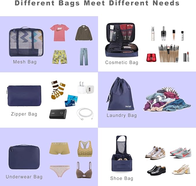 BAGAIL 8 Set Packing Cubes Luggage Packing Organizers for Travel Accessories-Indigo