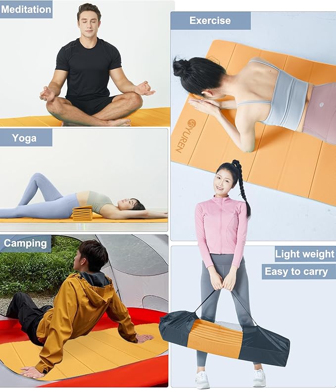 Foldable Yoga Mat 10mm Thick Wide Exercise Mat Non Slip Workout Mat for Home Gym, Travel, with Yoga Carrying Bag