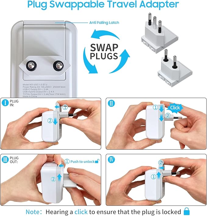European Travel Plug Adapter Kit, VINTAR International Plug Adapter with 3 USB Ports (2 USB C, 3.4A) 2 American Outlets, Type L,C Detachable Attachments, Adapter for US to Chile Germany France Italy