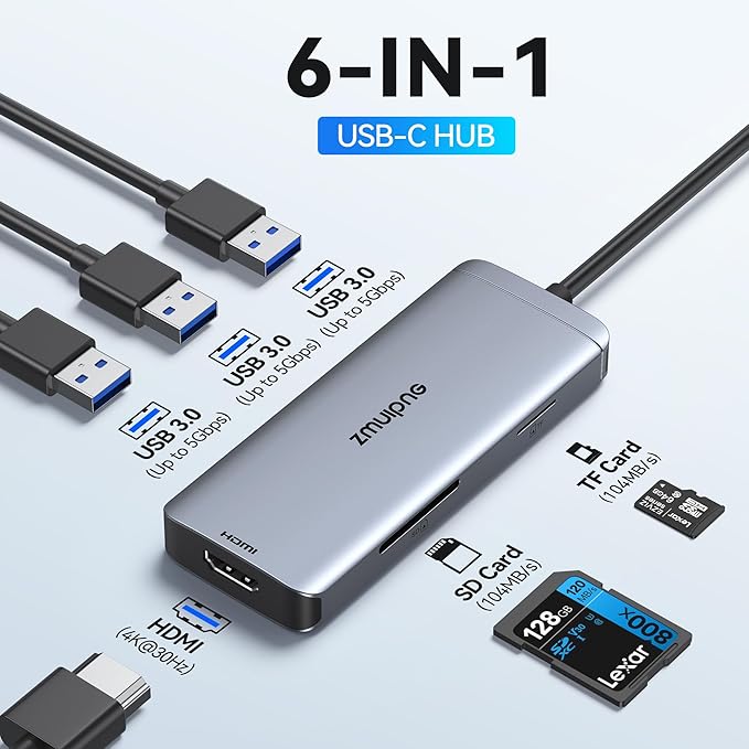 USB C Hub Adapter for MacBook Air, USB-C HD MI Dongle for MacBook Pro, 6 in 1 USBC HDMI Multiport Adapter Mac Converter with 4K HDMI, 3 USB 3.0,SD/TF for Dell XPS, HP, Surface and Other Type C Devices