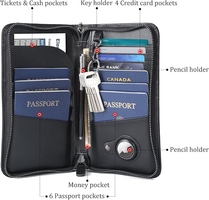 Polare Full Grain Leather Family Travel Passport Wallet and Documents Organizer RFID Blocking Case Holder Fits 6 Passports for Men and Women