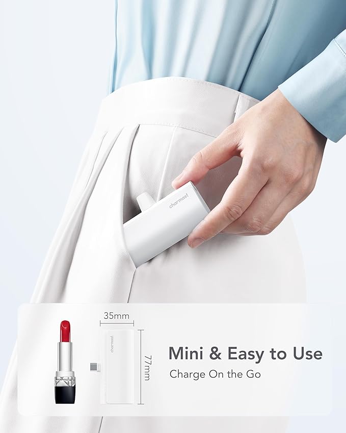 charmast Portable Charger USB C for iPhone 17/16/15, 5000mAh Fast Charging Battery Pack with Built-in Type-C Connector, 20W Mini Power Bank for iPhone 17/16/15 Series, Samsung S22/23 Series, and More