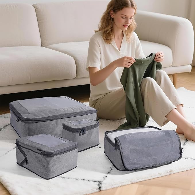 Compression Packing Cubes for Travel, 4-Pack Luggage Organizer Bags with Double Zipper, Breathable Mesh & Nylon Twill, Grey Suitcase Organizers for Efficient Packing