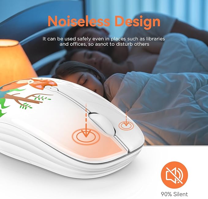 Cute Wireless Mouse, Dual Mode, Bluetooth & 2.4GHz USB Receiver, Silent Clicks, AA-Battery Powered, Handy & Durable, Lovely Little Fox Pattern for Kids and Students on Laptops, Mac, iPad, PC