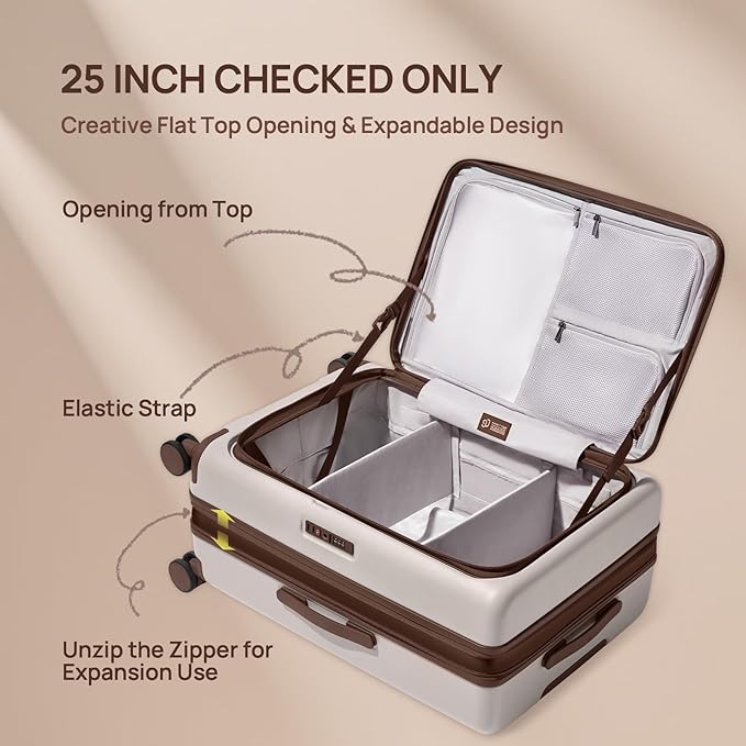 NINETYGO Medium Checked Luggage 25 Inch, Flat Top Opening Checking In Luggage with Cup Holder, Expandable, Coffee-Infused PC Hard Shell, Eco-Friendly, TSA Lock, 360° Spinner Wheels (Latte)