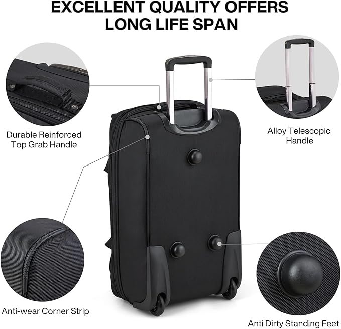 Hanke Expandable Carry On Luggage Suitcases with Wheels Foldable Duffle Bag for Travel Carry On suitcase Weekend Bag for Women Men（Black）