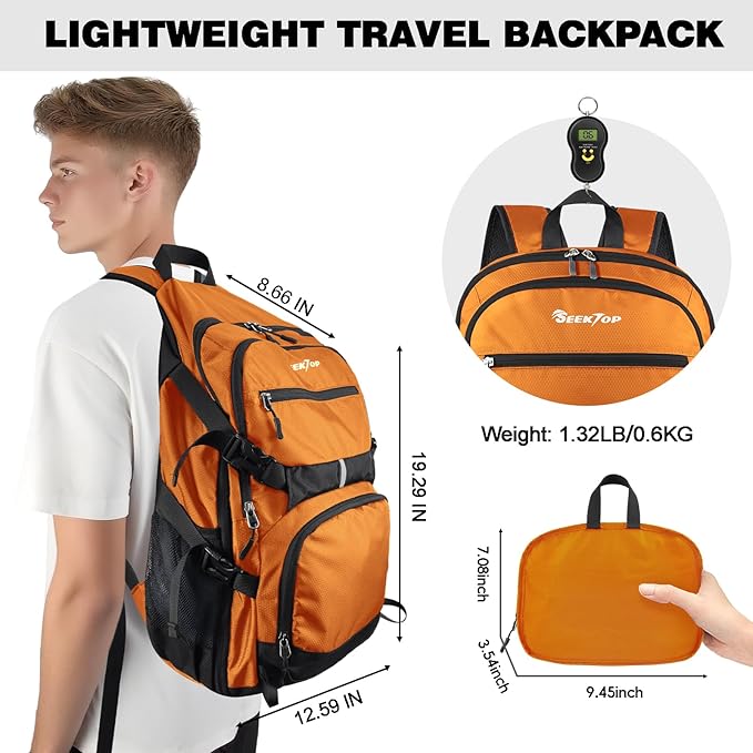 Seektop 40L Hiking Backpack Foldable Daypack for Women Men, Lightweight Travel Backpack Carry on Flight Approved for Camping School Work Business Leisure (Orange)
