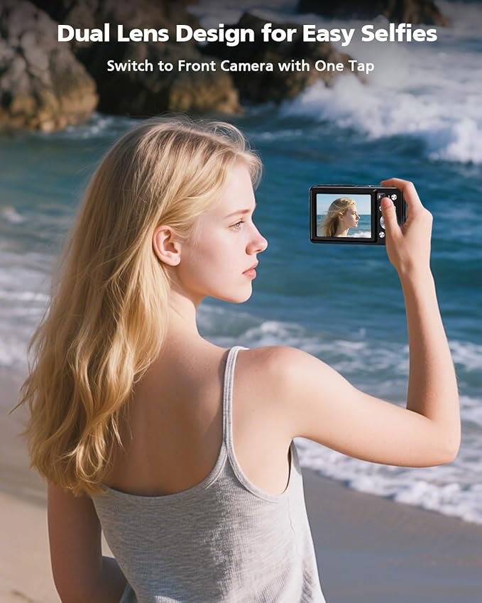 Digital Camera, 4K 64MP Camera for Photography and Video, Autofocus Compact Camera with Selfie Lens, Anti-Shake, 16X Zoom, 32GB Card, Point Shoot Camera for Teens Adult Beginner(Black)