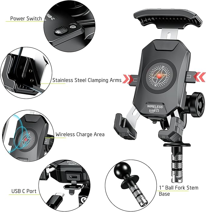iMESTOU Motorcycle Fork Stem Phone Mount Wireless/USB C Charger with RAM 1" Ball Fits for Kawasaki, Ducati, Honda, BMW etc. with Fork Hole Dia. 0.47"-1" Quick Charge for 4.0"-6.8" Smartphones