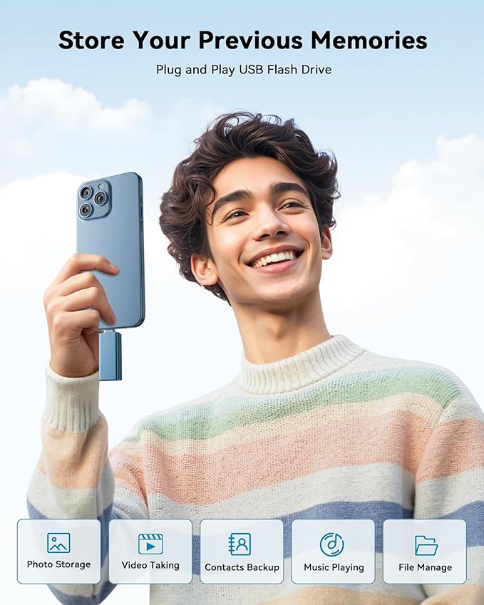 MFi Certified Flash Drive for iPhone 256GB, 3 in 1 Type-C USB Memory Stick Thumb Drive for Photos Videos, High Speed External Memory Storage Photo Stick for iPhone iPad Android PC (Sky Blue)