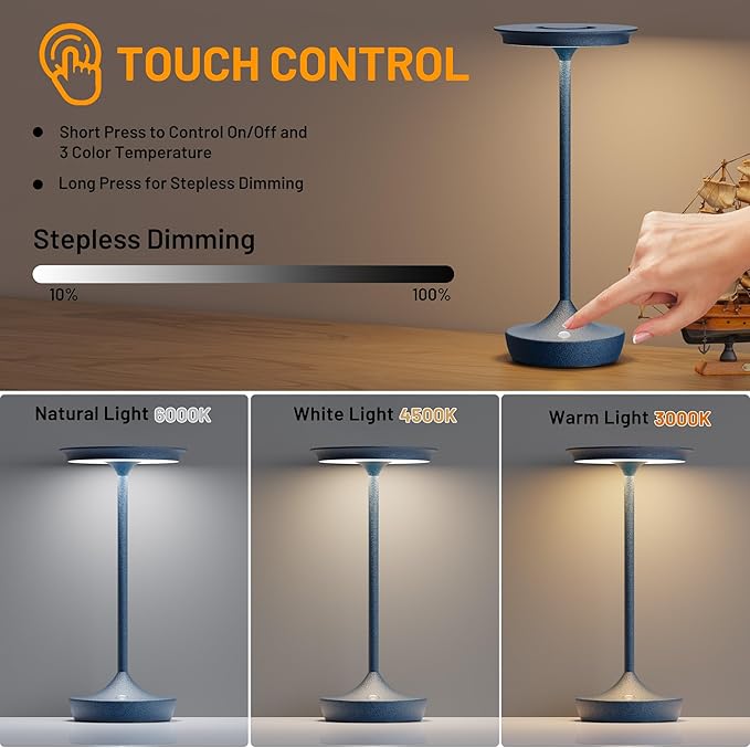 LED Cordless Table Lamp Rechargeable - Outdoor 6000mAh Battery Operated Portable Table Lights 3 Color Stepless Dimming Table Lamps with Memory Function for Patio Restaurant Dining Blue