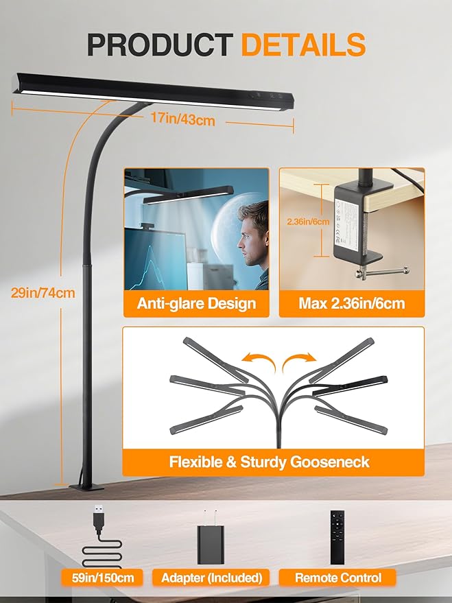 LED Desk Lamps for Home Office,5 Color+9 Brightness Desk Light,Touch & Remote Control,1000 Lumen Bright Monitor Light with Timer,12W USB Adapter Clamp Lamp for Computer, Reading, Study, Workbench