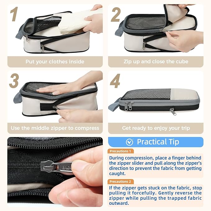 BAGAIL 4 Set/6 Set/8 Set Compression Packing Cubes Travel Accessories Expandable Packing Organizers (Half Mesh, 6-Beige)