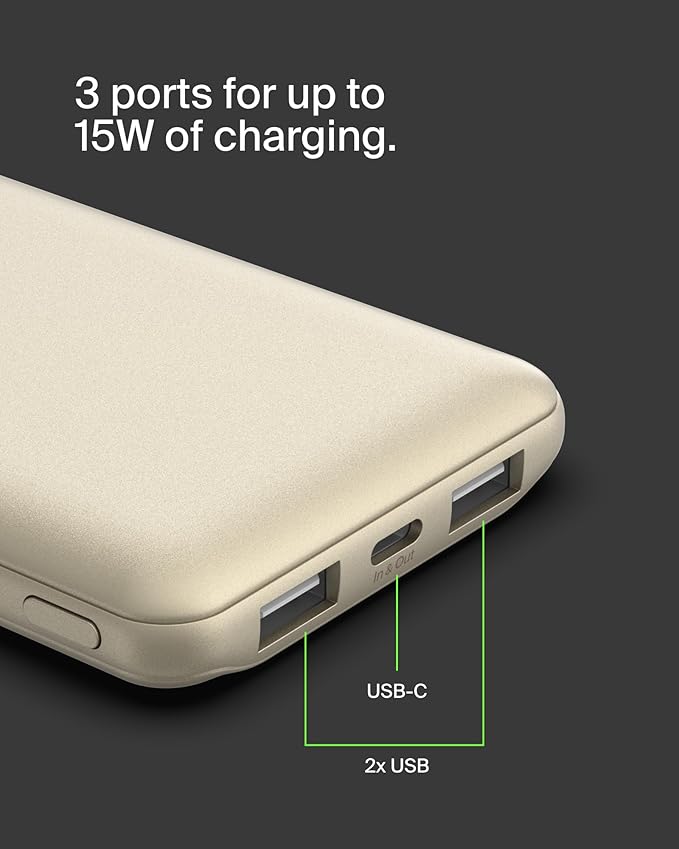 Belkin Portable Charger, USB-C Power Bank 10000 mAh w/ 2xUSB-A Ports, 15W w/Type-C to Type-A Cable for iPhone 17, Air, Pro, Samsung Galaxy S25, iPad, Nintendo Switch 2, Google Pixel 10, etc. - Gold