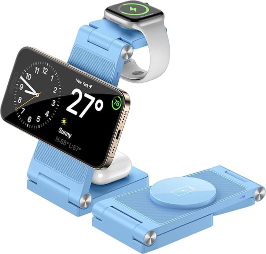 Magnetic Wireless Charger Stand, 3 in 1 Foldable Wireless Charging Station, Travel Charger for Multiple Devices for iPhone 16 15 14 13 12 Series, Apple Watch Ultra/SE/9/8/7/6/5/4/3/2, AirPods