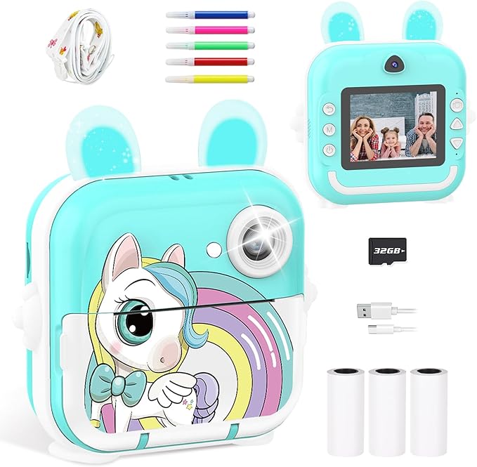 Kids Camera Instant Print Girls Boys, 2,4" HD 1080P, 32GB Card, with Photo Paper and Colored Pens, Instant Camera Holiday Birthday Gifts, Printable Toddler Portable Travel Print Toy (Blue)