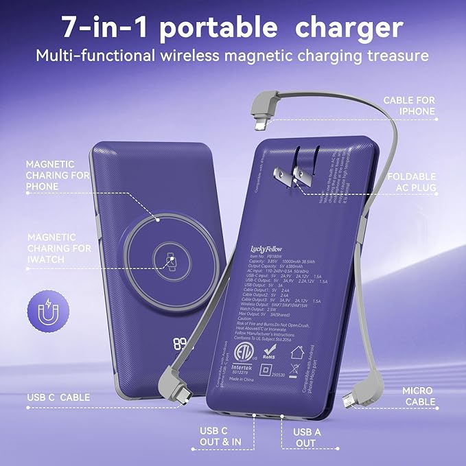 Magnetic 10000mAh Portable Charger for iWatch & iPhone, 22.5W USB C Fast Charging Wireless Power Bank Built-in Cables and Wall Plug, External Travel Battery Pack Compatible with iOS Android Devices