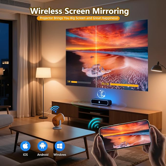 Portable Mini Projector with WiFi and Bluetooth Rotatable Movie Projector with Electronic Focus LED Pico Projectors for Home Theater Compatible with Smartphone, TV Stick, Laptop, HDMI, USB