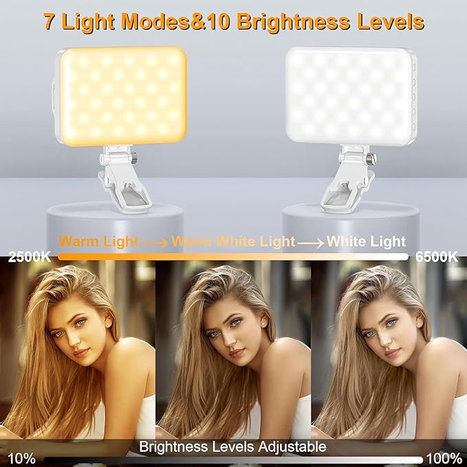 Selfie Light, LED Camera Light Video Lights 60 LED 2200mAh Rechargeable Phone Light 7 Modes, 10-Level Brightness, Portable Clip on Light for Phone/Tablet/Laptop White