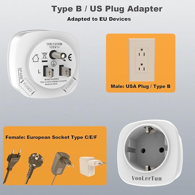 Europe to US Plug Adapter 6 Packs, European to American Travel Plug Adapter (Type C/E/F), USA to EU Outlet Adapters for Most of Europe Spain German France