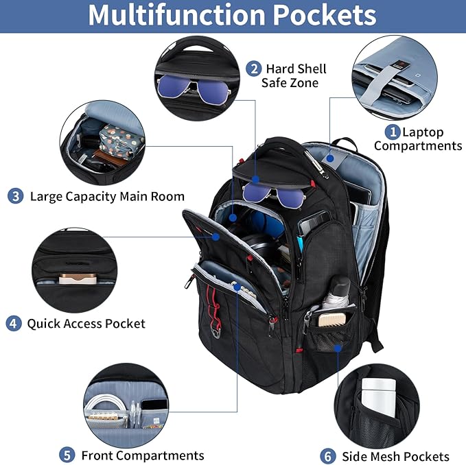 VANKEAN Travel Laptop Backpack 17.3 Inch TSA Friendly, Water-Repellent Anti Theft XL Computer Backpack with RFID Pockets College Backpacks with USB Port for Men Women Business Work Bag, Black