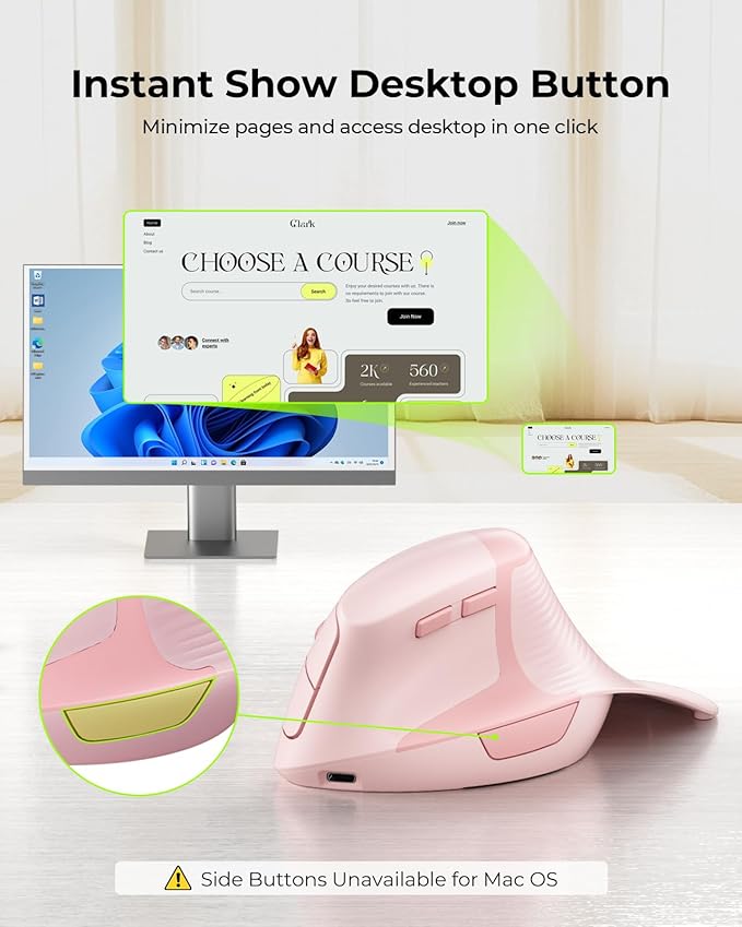 seenda Ergonomic Mouse Rechargeable, 2.4G USB & Type C Vertical Wireless Ergo Mouse with Instant Desktop Return Key, Quiet Click, Palm Rest, Anti-Slip Optical Mice for Mac OS, Windows, Pink