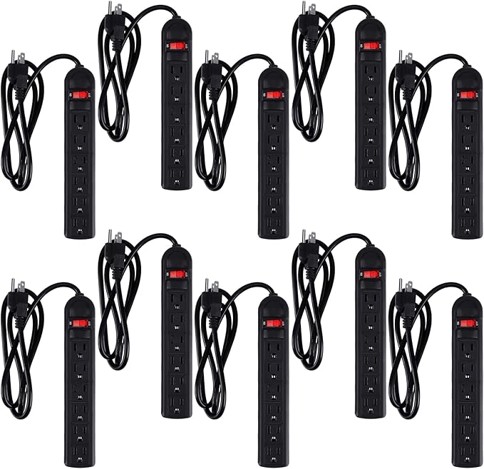 Hoteam 10 Pcs Power Strip Bulk 6 Outlet Surge Protector Power Cord Electrical Extension Cord with Switch Low Profile Plug Flat for Home Office(9.8 ft,Black)