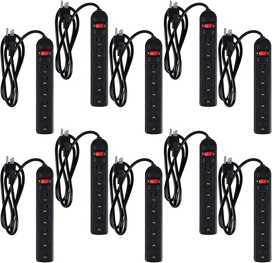 Hoteam 10 Pcs Power Strip Bulk 6 Outlet Surge Protector Power Cord Electrical Extension Cord with Switch Low Profile Plug Flat for Home Office(9.8 ft,Black)