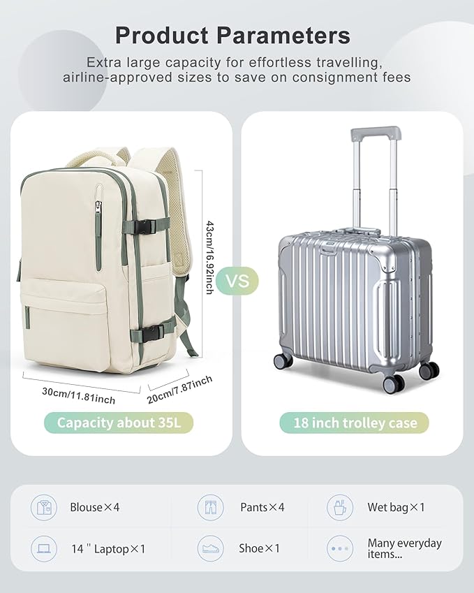 VECAVE Carry On Backpack for Women,Large Travel Backpack Flight Approved,Waterproof 14 Inch Laptop Backpack Business Work Backpacks Men Mochila De Viaje Beige