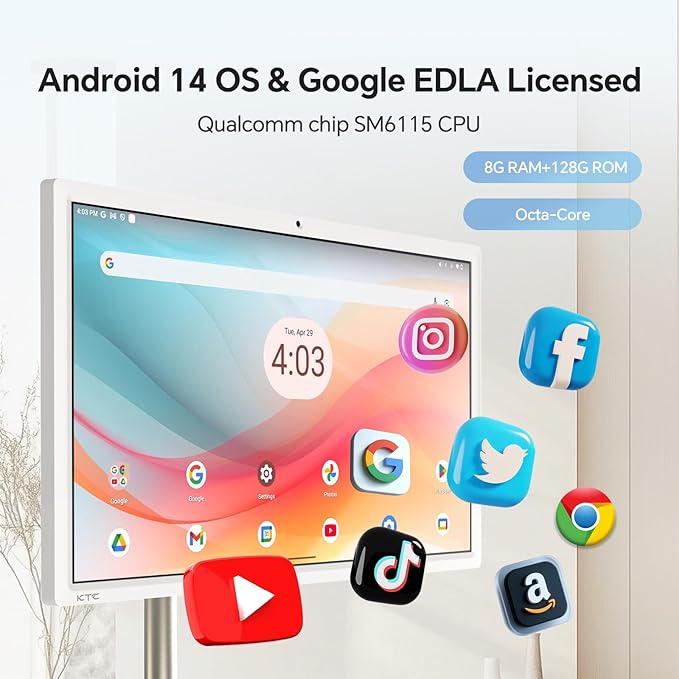 KTC 27 Inch MegPad Portable TV Touchscreen Monitor 1080p, Android 14 EDLA Certification with Camera, 9500mAh Built-in Battery, Remote Control