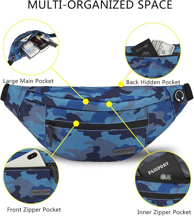 MAXTOP Large Crossbody Fanny Pack with 4-Zipper Pockets,Gifts for Enjoy Sports Festival Workout Traveling Running Casual Hands-Free Wallets Waist Pack Phone Bag Carrying All Phones