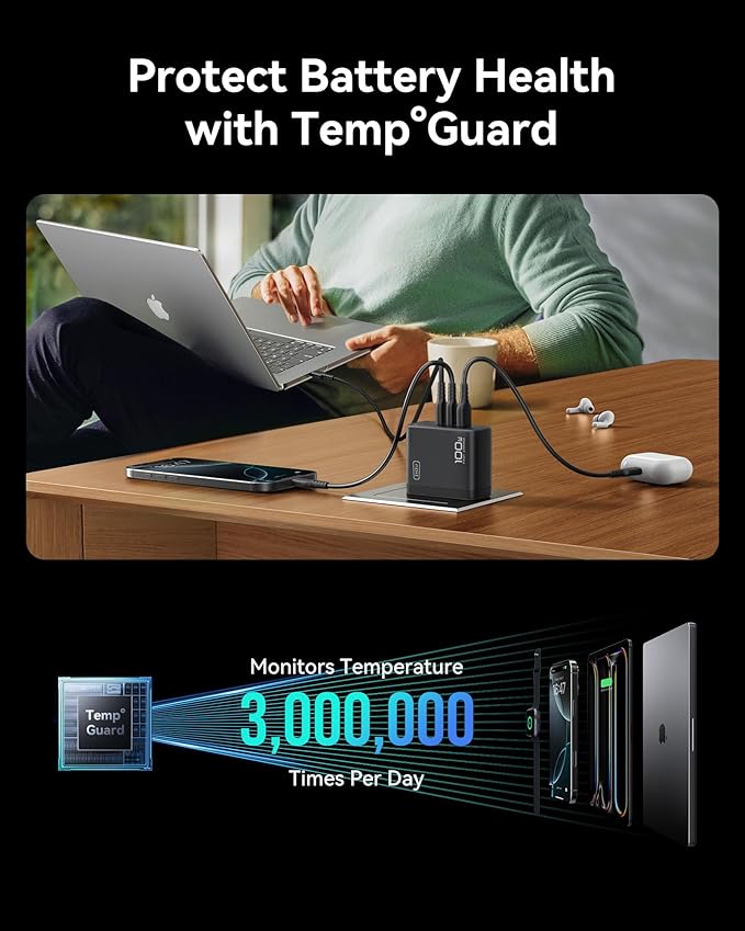 INIU USB C Charger Block, 3-Port 100W PD Fast Charging, MacBook Charger with USB C Cable and Foldable Plug, GaN Tech, for MacBook Pro/Air, Laptop, iPhone 16, Samsung S25, iPad, Multiple Devices etc